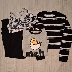 Girls Xl Black and White Striped Sweater with Graphic Tee and Sports Bra